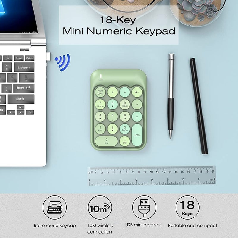 FELICON Wireless Numeric Keypad 18 Keys with 2.4G Mini Portable Silent Number Pad USB Receiver Financial Accounting Keyboard Extensions for Laptop Desktop PC Proï¼ˆGreen Mixï¼‰ - Image 2